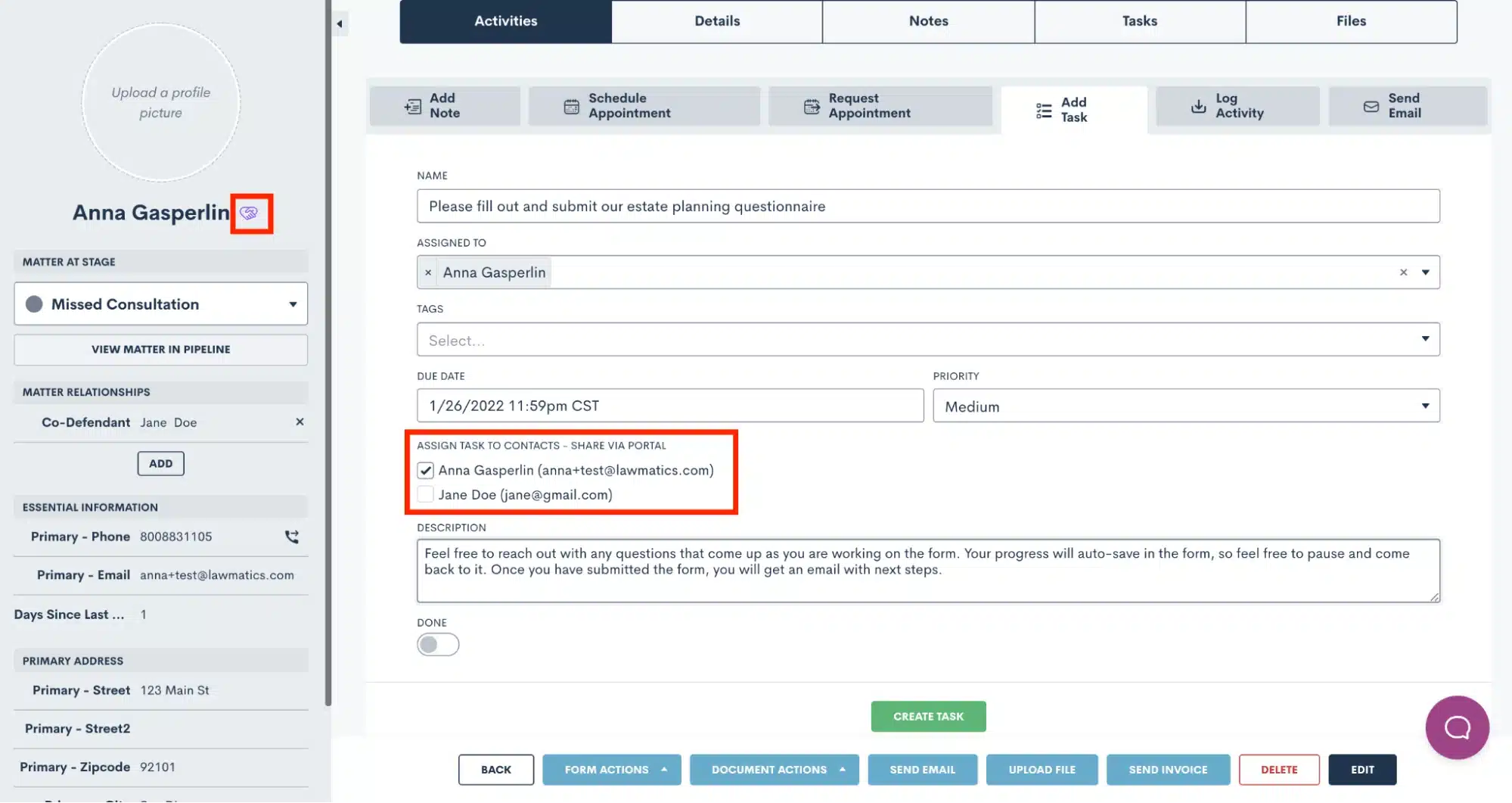 For any Tasks that you wish to assign directly to the client themselves, or to another related matter contact, you can share Tasks via Client Portal.