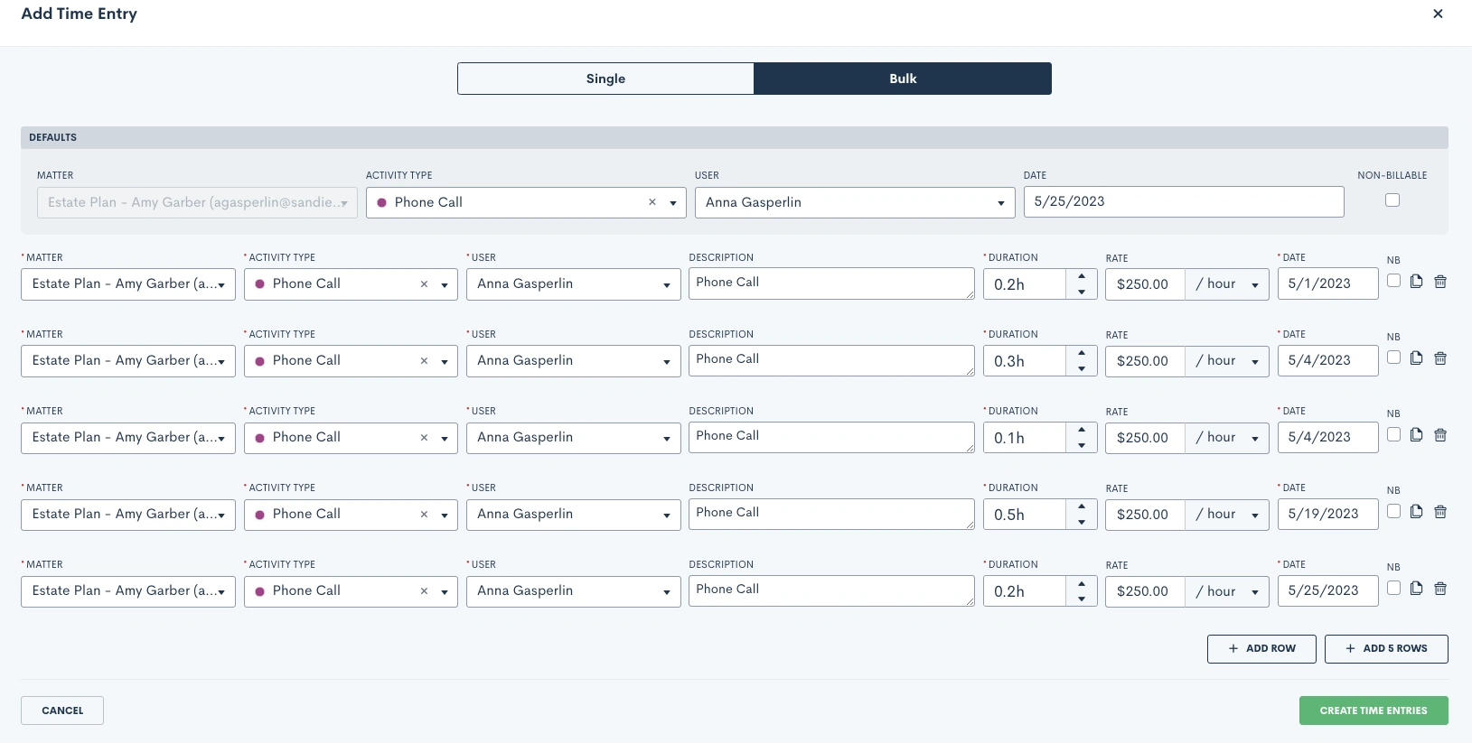 Bulk create time entries in Lawmatics