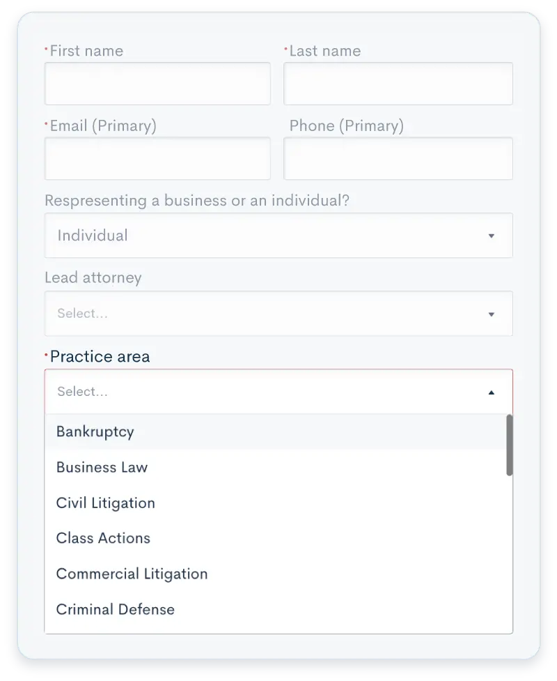 Select practice area on form in Lawmatics