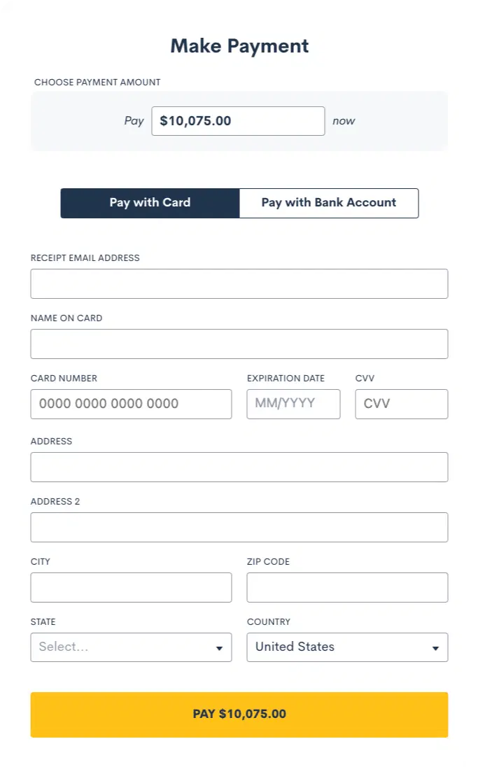 Payment processing UI in Lawmatics