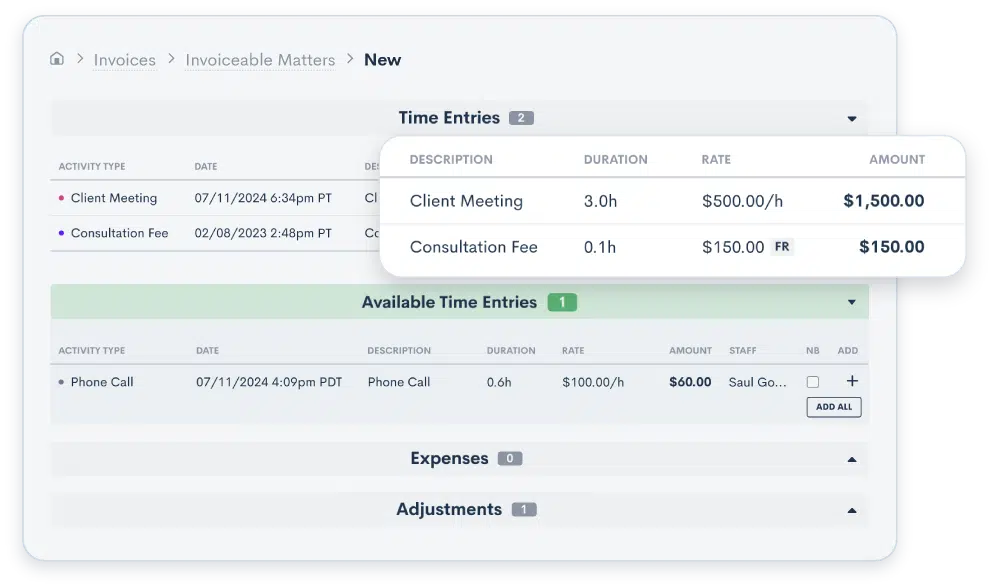 Lawmatics UI showing a new invoiceable matter with the time entries, available time entries, expenses, and adjustments fields.