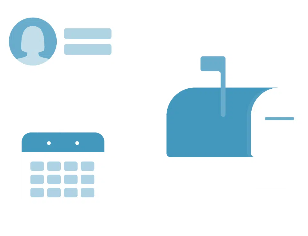 Legal client intake automation graphic showing a workflow between a contact, email inbox, and calendar